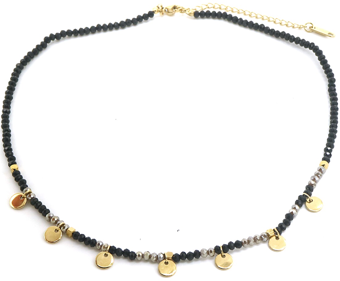 E-C3.1 N010-063G S. Steel Necklace Coins and Stones Grey-Gold