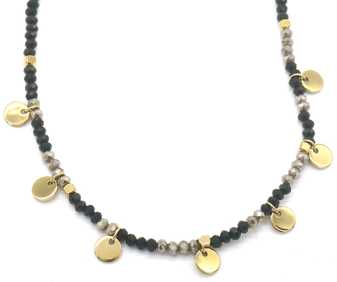 E-C3.1 N010-063G S. Steel Necklace Coins and Stones Grey-Gold