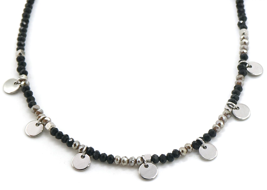 E-B21.3 N010-063S S. Steel Necklace Coins and Stones Grey-Silver