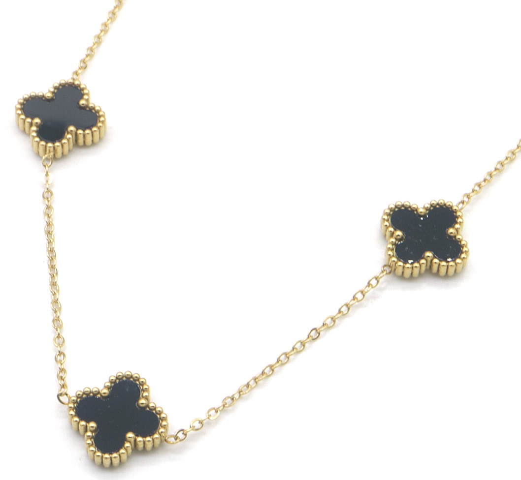 G-E23.2  N089-008G S. Steel Necklace Clovers Black