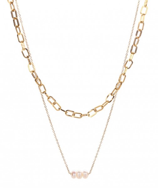 D-B23.1 N2020-007G S. Steel Necklace Layered Freshwater Pearl Gold