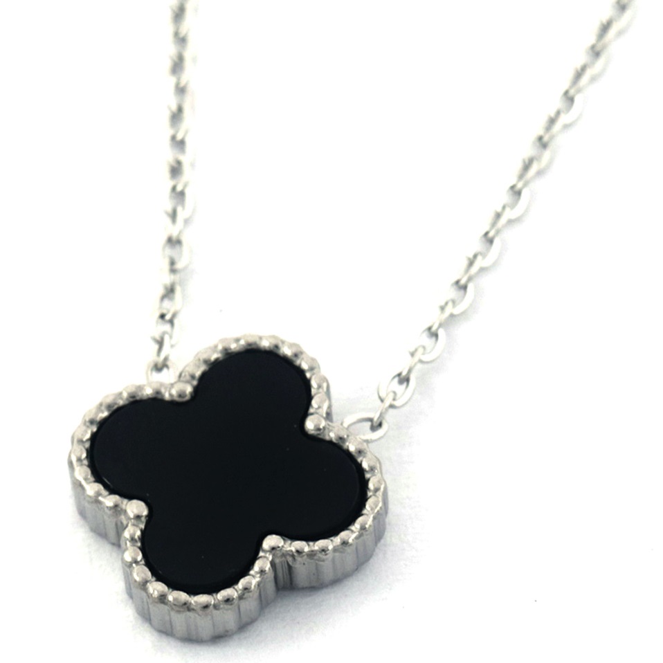 A-E7.1 N088-049S S. Steel Necklace Clover Black