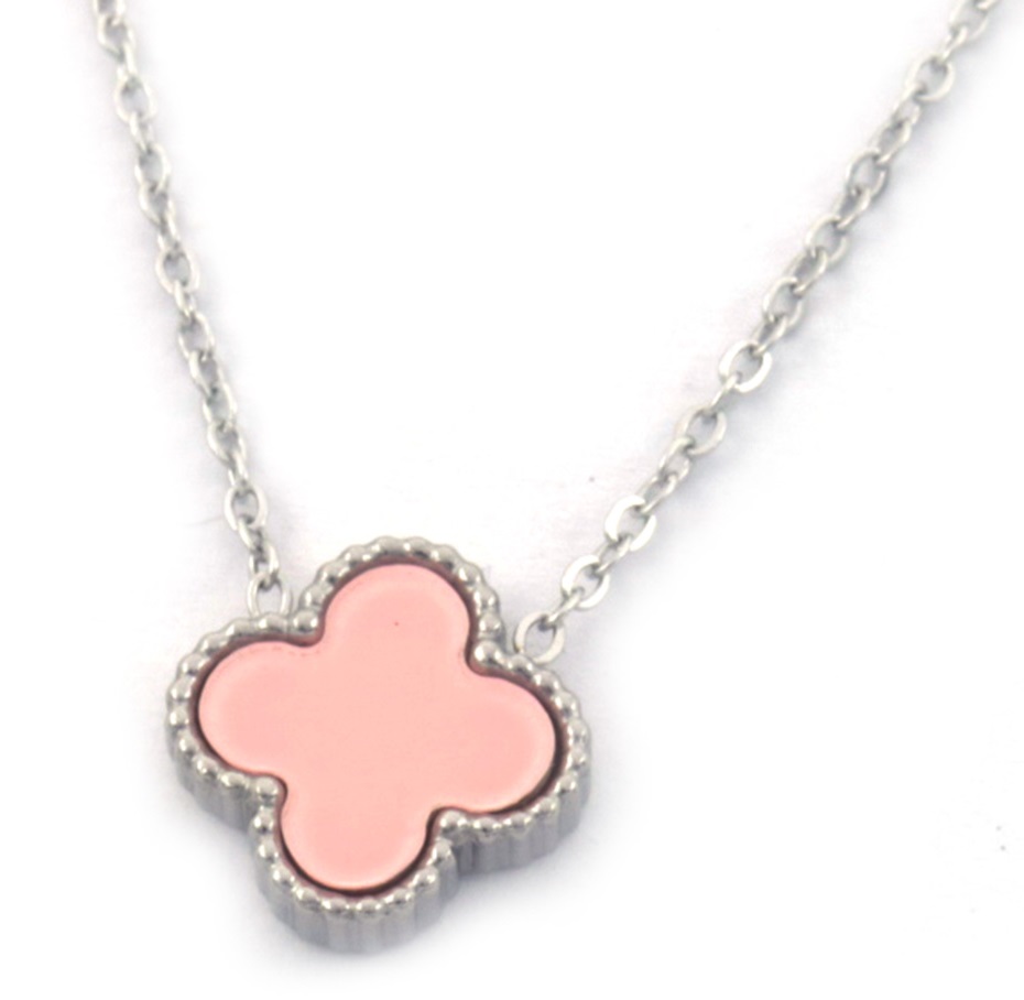 A-D5.1 N088-049S S. Steel Necklace Clover Pink